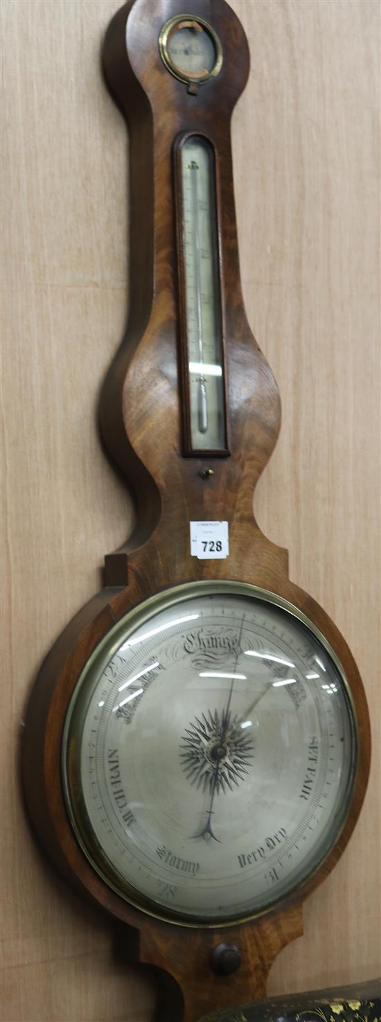 A 19th century mahogany onion topped wheel barometer, thermometer and hygrometer, the level signed Thomas Agnew H.110cm